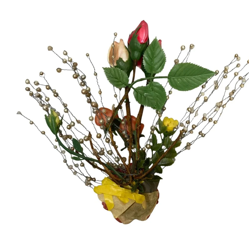VTG Floral Arrangement Roses Pearl‎ Beads Decorative Bouquet Display Handcrafted